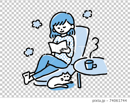 Illustration of a relaxing woman and a cat Blue 74061744