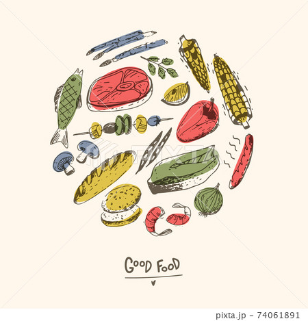 Doodle food illustration in the round. Fish, meat, vegetables and other different things. Doodle food illustration in the round. Fish, meat, vegetables and other different things. 74061891