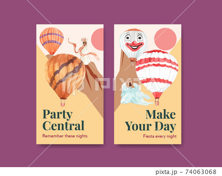 Instagram template with balloon fiesta concept design for online marketing and social media watercolor vector illustration 74063068