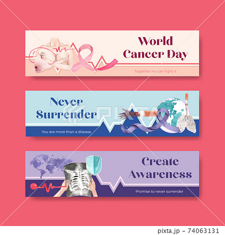 Banner template with world cancer day concept design for advertise and marketing watercolor vector illustration. 74063131