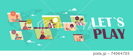 mix race friends using joysticks playing video games in web browser windows during virtual conference mix race friends using joysticks playing video games in web browser windows during virtual conference 74064785