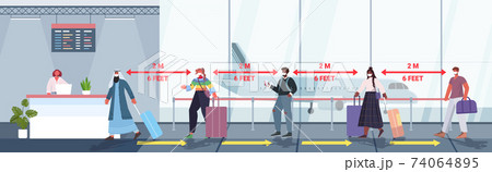 mix race passengers in protective masks standing at check-in counter keeping distance to prevent coronavirus mix race passengers in protective masks standing at check-in counter keeping distance to prevent coronavirus 74064895