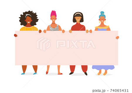 Group of girls, young standing women holding a blank poster with place for text. Posterna March 8, breast cancer, feminism, sisterhood, friendship. Vector flat cartoon illustration. 74065431
