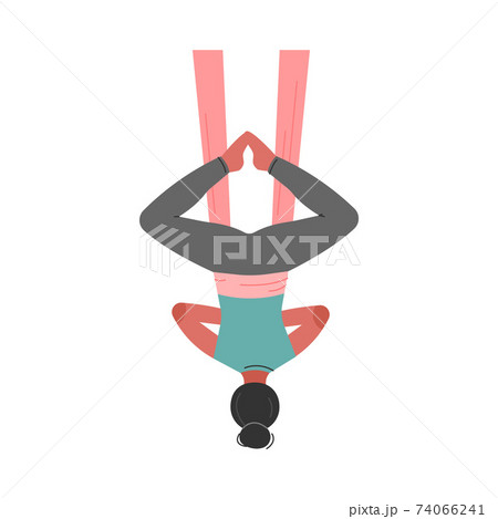 Girl Doing Air Yoga, Slim Girl in Sportswear Practicing Flying Anti Gravity Yoga Inverted Pose Cartoon Style Vector Illustration 74066241