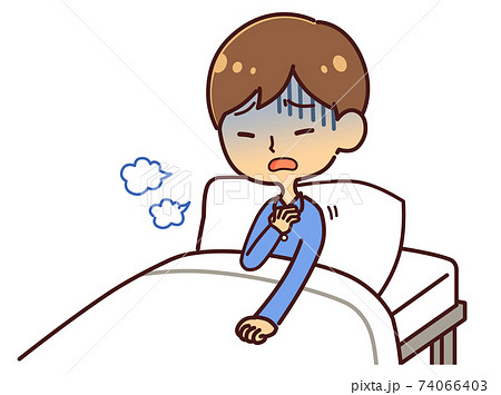 ベットにいる男性　自宅療養　咳 74066403