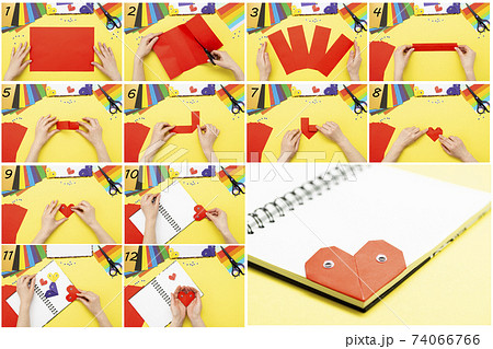 DIY instruction. Step by step guide. The process of making a bookmark for a book in the form of a heart for Valentine's Day DIY instruction. Step by step guide. The process of making a bookmark for a book in the form of a heart for Valentine's Day 74066766