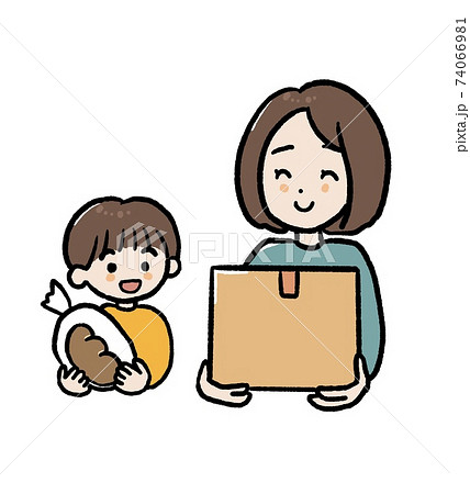 フードバンクを利用する母子のイラスト 食品ロス問題や貧困問題 エコ サスティナブル Sdgsのイラスト素材