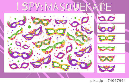 I spy game. Childrens educational fun. Count how many elements. Flat hand drawn cartoon masquerade masks. Mardi Gras holiday. Theater and opera. 74067944