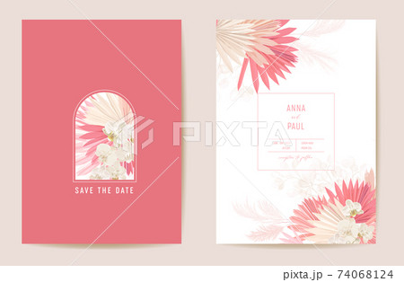 Wedding dried lunaria, orchid, pampas grass floral Save the Date set. Vector exotic dry flower, palm leaves boho 74068124