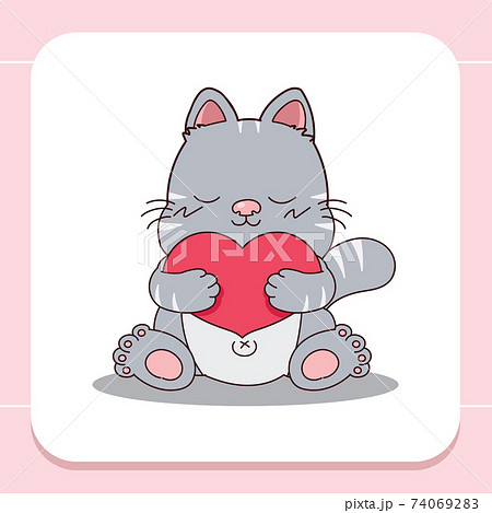 Hand drawn cute fat cat hug a big heart. Hand drawn cute fat cat hug a big heart. 74069283