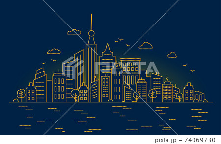 Thin Golden lines. Night big city. Panorama architecture buildings outline. Thin Golden lines. Night big city. Panorama architecture buildings outline. 74069730