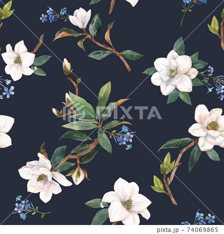Beautiful vector seamless pattern with hand drawn watercolor white magnolia flowers. Stock illustration. Beautiful vector seamless pattern with hand drawn watercolor white magnolia flowers. Stock illustration. 74069865