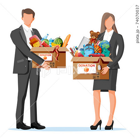 Volunteers with cardboard donation box 74070037