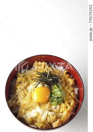 卵黄、みつば、刻み海苔の乗っている玉子丼を白背景で撮影（俯瞰） 74070202