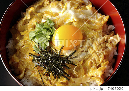 卵黄、みつば、刻み海苔の乗っている玉子丼を黒背景で撮影（俯瞰） 74070294