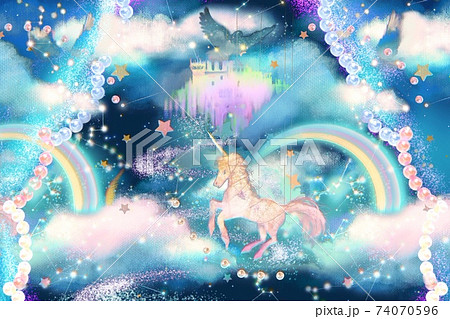 夢かわいいふわふわな雲と夜空を駆け回るユニコーンと虹と散りばめられた真珠のレースカーテンのイラストのイラスト素材