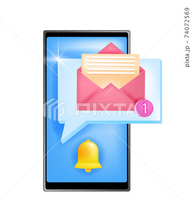 New notification icon vector alert illustration with notice bell, smartphone screen, opened envelope New notification icon vector alert illustration with notice bell, smartphone screen, opened envelope 74072569
