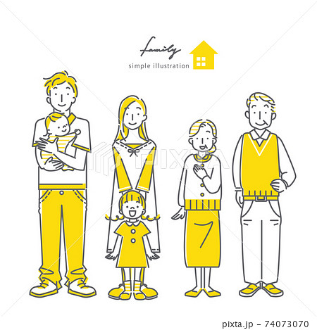 笑顔の家族　シンプルでおやれな線画イラスト素材　二色 74073070