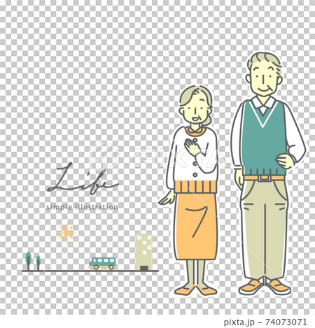 A smiling senior couple with a simple and sloppy line art illustration material with skin color 74073071