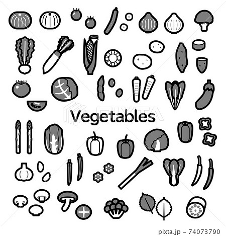 かわいいシンプルな野菜のアイコンセット 白黒グレーのイラスト素材