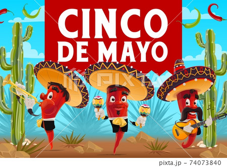 Cinco de Mayo chilli pepper musicians, sombreros Cinco de Mayo chilli pepper musicians, sombreros 74073840