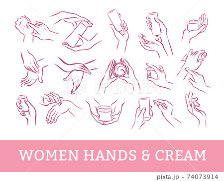 Collection of human hands with hand cream and moisturizer tube in different gestures and posses isolated on white background. Vector flat hand drawn illustration. For banners, ads, emblems, tags etc. 74073914