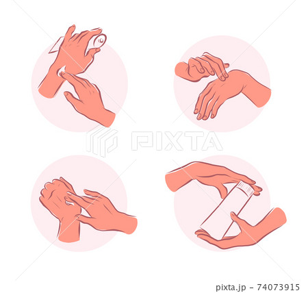 Set of human hands emblems with hand cream hold  moisturizer tube, smear each other isolated on white background. Vector flat hand drawn illustration. For banners, ads, emblems, tags etc. 74073915