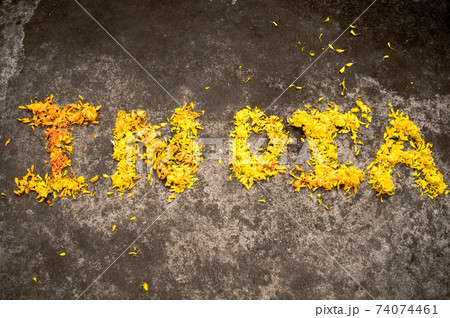 The Word India written with yellow marigold flowers in 26th January on India Republic day celebration. 15th August Independence Day Holiday background concept. High angle view. Close Up. The Word India written with yellow marigold flowers in 26th January on India Republic day celebration. 15th August Independence Day Holiday background concept. High angle view. Close Up. 74074461