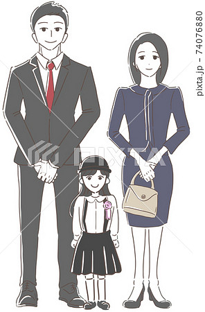 フォーマルな服装の父母と花を付けた女の子のイラスト素材