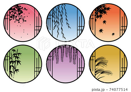 和室の丸窓から見える四季の植物のイラスト素材