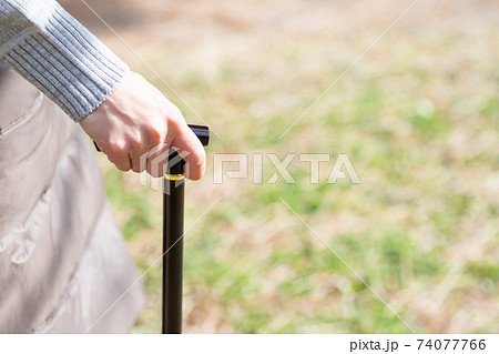 杖を持って散歩する女性の手 74077766