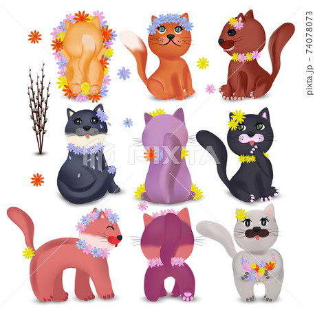 Cute cats in different poses with colorful flowers. Domestic, funny cats on white background. Colorful cats and Spring flowers. Vector icons. 74078073