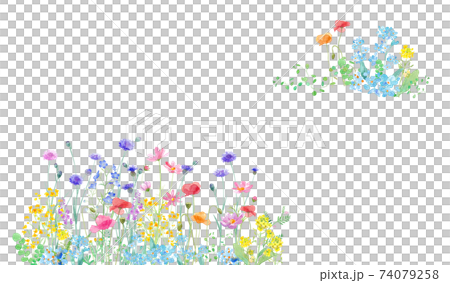 色々な花が咲き乱れる、春の野原の水彩イラスト。2隅装飾フレームデザイン。 74079258