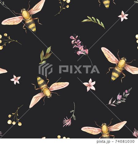Watercolor bee seamless pattern. Vintage wildflowers texture. Natural botanical wallpaper Watercolor bee seamless pattern. Vintage wildflowers texture. Natural botanical wallpaper 74081030