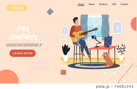 Pet owners landing page template. Man playing guitar and practicing, dog listening to music 74081343