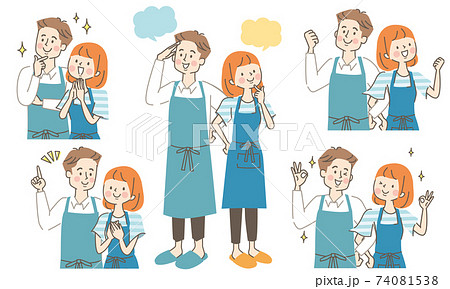 エプロン姿の若い男女の表情セット 74081538