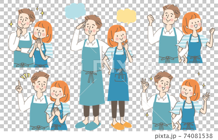 エプロン姿の若い男女の表情セット 74081538