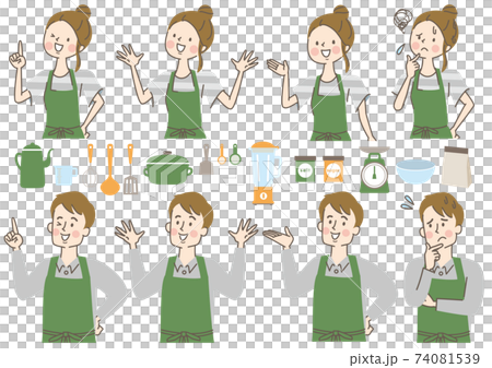 男人和女人在圍裙和廚房的圖標集 男人和女人在圍裙和廚房的圖標集 74081539