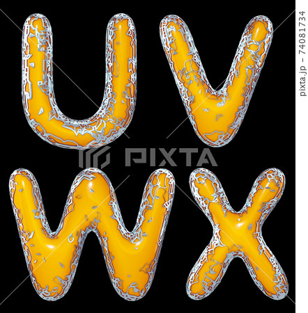 Realistic 3D letters set U, V, W, X made of gold shining metal letters. Realistic 3D letters set U, V, W, X made of gold shining metal letters. 74081734