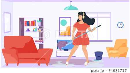 Woman playing mop like guitar in apartment. Female character performs songs and cleans floor 74081737
