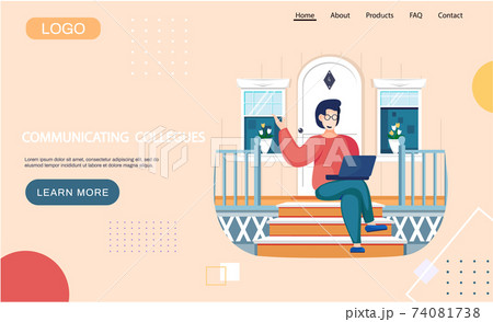 Communicating colleagues landing page template with happy woman communicates on Internet with laptop 74081738