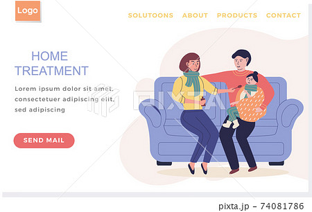 Home treatment landing page template with parents give medicine to daughter, sick child at home Home treatment landing page template with parents give medicine to daughter, sick child at home 74081786