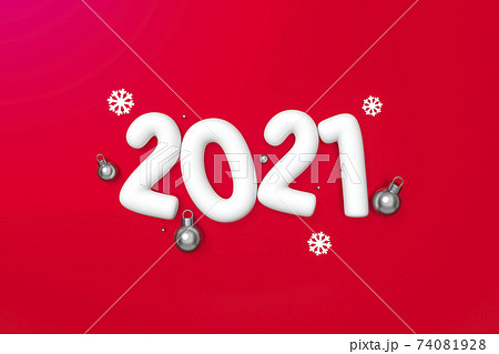 2021 with silver metallic happy new year christmas ball ornaments decoration object group on red background 3d rendering. 3d illustration numbers Festive poster or banner design. 74081928