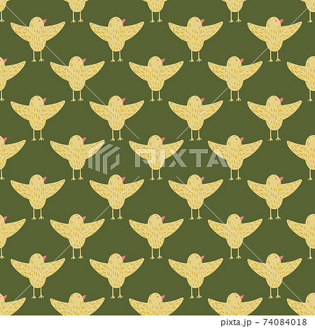 Abstract seamless pattern with yellow birds flying shapes. Green olive background. 74084018