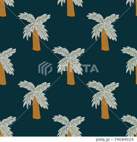 Dark seamless pattern with doodle hand drawn palm tree silhouettes. Navy blue background. Cartoon style. 74084024