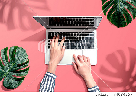 Person using a laptop computer with tropical leaves 74084557