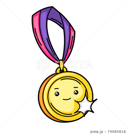 Kawaii illustration of gold medal on ribbon. 74084818