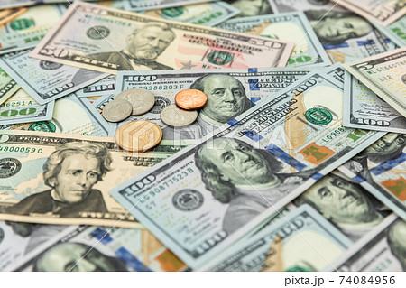 Texture US dollars. Frame background of 5, 10, 20, 50 and 100 dollar bills. 74084956