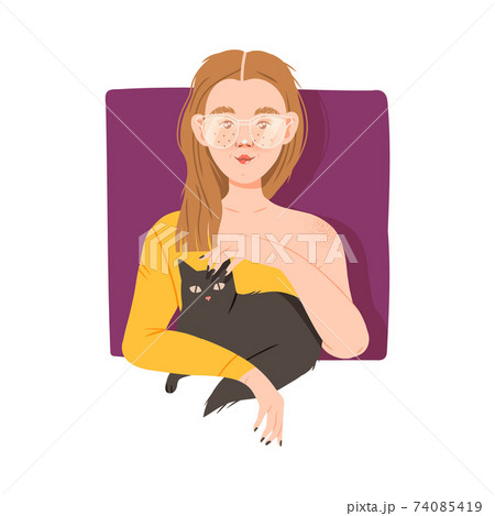 Freckled Woman with Cat Looking Out of Window Vector Illustration 74085419