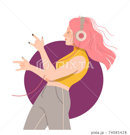 Young Woman with Headphones Listening to Music and Moving with Dancing Motion Vector Illustration Young Woman with Headphones Listening to Music and Moving with Dancing Motion Vector Illustration 74085428
